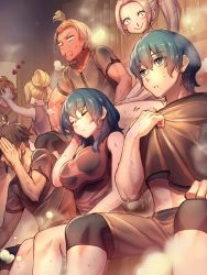 Rule 34 | 3girls, 4boys, abs, alternate costume, alternate hairstyle, bare legs, blonde hair, blood, blue eyes, blue hair, blush, braid, breasts, brown hair, byleth (female) (fire emblem), byleth (fire emblem), byleth (male) (fire emblem), claude von riegan, closed eyes, colored skin, dimitri alexandre blaiddyd, dress, earrings, edelgard von hresvelg, fire emblem, fire emblem: three houses, forehead, hair between eyes, hair bun, hand in own hair, hand on another&#039;s face, hand on own face, heart, highres, hot, ingrid brandl galatea, jewelry, large breasts, medium hair, midriff, moyashi mou2, multiple boys, multiple girls, navel, nintendo, nosebleed, open mouth, orange hair, parted bangs, ponytail, red skin, sauna, shirt, shirt tug, short hair, short sleeves, shorts, side braid, silver hair, single hair bun, sitting, sleeveless, sleeveless dress, slit pupils, steam, sweat, sylvain jose gautier, taut clothes, topknot