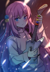 Rule 34 | 1girl, absurdres, blue eyes, blush, bocchi the rock!, closed mouth, commentary, cube hair ornament, english commentary, gotoh hitori, guitar, guitar hero, hair between eyes, hair ornament, hair spread out, hand up, highres, hinghoi, holding, holding instrument, instrument, jacket, light particles, long hair, long sleeves, looking at viewer, motion blur, music, one side up, pink hair, pink jacket, playing instrument, serious, sidelighting, sidelocks, solo, upper body, v-shaped eyebrows, very long hair