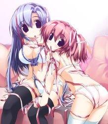 Rule 34 | 2girls, ass, back, black thighhighs, blue bra, blue hair, blue panties, blush, bow, bow bra, bow panties, bra, breasts, cleavage, fami:liar?, flat chest, frilled bra, frills, lace, lace-trimmed panties, lace trim, large breasts, leaning forward, lingerie, long hair, looking at viewer, looking back, mouth hold, multiple girls, oshiki hitoshi, panties, pink bra, pink panties, purple eyes, red hair, ribbon, ribbon in mouth, saginomiya mahiru, saginomiya yuuna, short hair, sitting, standing, thighhighs, underwear, underwear only, white thighhighs