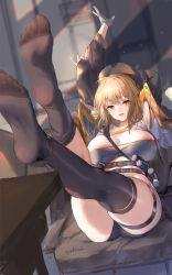 Rule 34 | 1girl, :d, absurdres, anis (nikke), arms up, black thighhighs, breasts, crop top, feet, fingerless gloves, foot focus, gloves, goddess of victory: nikke, highres, jacket, large breasts, legs up, long sleeves, looking at viewer, no shoes, open clothes, open jacket, open mouth, smile, solo, swd3e2, thigh strap, thighhighs