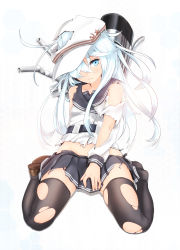 Rule 34 | 10s, 1girl, black thighhighs, blue eyes, blush, full body, hair over one eye, hammer and sickle, hat, hibiki (kancolle), infinote, kantai collection, loafers, long hair, looking at viewer, personification, school uniform, serafuku, shoes, silver hair, simple background, single shoe, skirt, solo, star (symbol), thighhighs, torn clothes, torn thighhighs, verniy (kancolle), zettai ryouiki