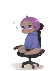 Rule 34 | 1girl, :3, bangs pinned back, bare legs, barefoot, blue hoodie, blush, chair, chibi, closed mouth, controller, dark-skinned female, dark skin, eighth note, fate/prototype, fate/prototype: fragments of blue and silver, fate (series), forehead, full body, game controller, hassan of serenity (fate), highres, holding, hood, hood down, hoodie, i.u.y, long sleeves, musical note, office chair, on chair, puffy long sleeves, puffy sleeves, purple eyes, purple hair, shadow, sitting, sleeves past wrists, solo, swivel chair, white background
