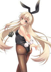 Rule 34 | 10s, 1girl, 7nanappe, animal ears, ass, black pantyhose, blonde hair, breasts, brown pantyhose, detached collar, fake animal ears, hairband, highres, kantai collection, leotard, long hair, pantyhose, playboy bunny, rabbit ears, rabbit tail, shimakaze (kancolle), simple background, small breasts, solo, tail, very long hair, white background, wrist cuffs