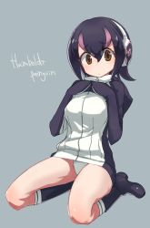 Rule 34 | 10s, 1girl, :/, black footwear, black hair, blue background, boots, breasts, brown eyes, character name, crotch, english text, eyebrows, eyelashes, frown, full body, grey background, hair between eyes, hands on own chest, headphones, humboldt penguin (kemono friends), jacket, kemono friends, kneehighs, kyuuri (miyako), long sleeves, looking at viewer, medium breasts, multicolored hair, own hands together, pink hair, seiza, shoelaces, short hair, simple background, sitting, socks, solo, tareme, thighs, tube socks, turtleneck, two-tone hair, zipper