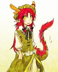 Rule 34 | 1girl, alternate eye color, antlers, bow, braid, chinese clothes, dragon, dragon girl, dragon tail, fangs, female focus, green eyes, hair ribbon, hat, hong meiling, hong meiling (dragon), horns, kemonomimi mode, long hair, monster girl, open mouth, pointy ears, red hair, ribbon, shirt, side slit, skirt, solo, star (symbol), tail, touhou, twin braids, very long hair, vest, yuuta (monochrome)