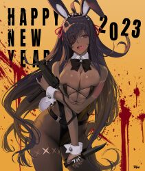 Rule 34 | 1girl, ahoge, animal ears, bare shoulders, black hair, blood, blood splatter, breasts, breasts squeezed together, cleavage, dark-skinned female, dark skin, detached collar, eyepatch, fake animal ears, gun, hair ribbon, highres, holding, holding gun, holding knife, holding weapon, knife, large breasts, leotard, long hair, mole, mole under eye, mole under mouth, new year, open mouth, original, pantyhose, piercing, playboy bunny, rabbit ears, rabbit tail, ribbon, scar, sharp teeth, solo, strapless, strapless leotard, tail, teeth, tongue, tongue out, tongue piercing, very long hair, weapon, wrist cuffs, zig90