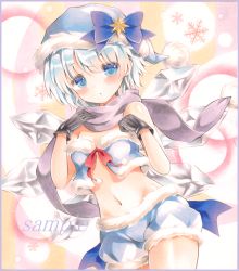 Rule 34 | 1girl, :o, alternate costume, bad id, bad pixiv id, bare arms, blue eyes, blue hair, border, cirno, colored pencil (medium), contrapposto, cropped vest, fur trim, gloves, gradient background, hair ornament, hat, hat ribbon, looking at viewer, marker (medium), matching hair/eyes, midriff, navel, open clothes, open vest, potto, potto (minntochan), ribbon, sample watermark, santa hat, scarf, short hair, shorts, snowflakes, solo, standing, star (symbol), star hair ornament, touhou, traditional media, vest, watermark, wings