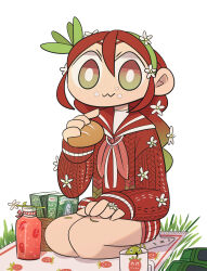 Rule 34 | 1girl, basket, borrowed character, bread, bright pupils, cup, flower, food, food on face, full body, gradient hair, grass, green eyes, green hair, hair between eyes, highres, holding, holding food, looking at viewer, multicolored hair, neckerchief, original, pink neckerchief, red hair, red sailor collar, red sweater, sailor collar, sitting, solo, songaksi, sweater, white background, white flower, white pupils