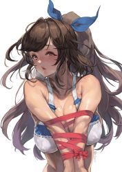 Rule 34 | 1girl, artist name, bare shoulders, bdsm, blue bow, blush, bondage, bound, bow, breasts, brown eyes, brown hair, cleavage, commentary request, covered erect nipples, crop top, earrings, hair bow, halterneck, idolmaster, idolmaster shiny colors, jewelry, large breasts, long hair, looking at viewer, messy hair, midriff, olys, open mouth, ponytail, red bow, restrained, ribbon, shiny skin, solo, squeezing, sweatdrop, tank top, tsukioka kogane