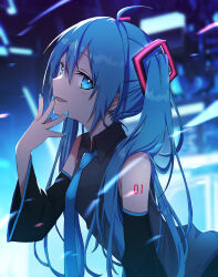 Rule 34 | 1girl, absurdres, ahoge, black shirt, blue background, blue eyes, blue necktie, colorized, detached sleeves, eyelashes, from side, hatsune miku, highres, izusan 14, kuroi (liar-player), long hair, looking at viewer, nail polish, necktie, number tattoo, shirt, shoulder tattoo, solo, tattoo, upper body, very long hair, vocaloid