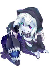 Rule 34 | 10s, 1girl, abyssal ship, bad id, bad pixiv id, cannon, glowing, glowing eyes, grin, highres, hood, kantai collection, long sleeves, navel, pale skin, purple eyes, re-class battleship, scarf, short hair, silver hair, smile, solo, tail, teeth, turret, weapon, white background, yani (nokori life1)