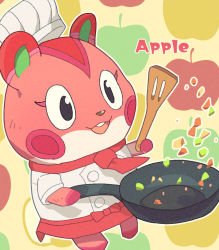 Rule 34 | 1girl, animal crossing, animal ears, apple (animal crossing), apple inc., apple print, chef hat, chef, cooking, frying pan, furry, furry female, gizugazu, hamster, hamster ears, hamster girl, hat, holding, holding frying pan, holding spatula, necktie, nintendo, open mouth, outline, red fur, red necktie, smile, solo, spatula, white outline