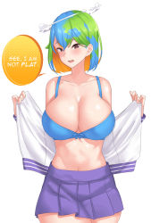 Rule 34 | 1girl, alternate breast size, blue bra, blue hair, bow, bow bra, bra, breasts, brown eyes, cloud, collarbone, earth-chan, english text, franham, green hair, highres, large breasts, looking at viewer, multicolored hair, navel, open clothes, open shirt, orange hair, original, pink lips, pleated skirt, purple skirt, school uniform, shirt, short hair, skindentation, skirt, solo, speech bubble, thighs, underwear, undressing