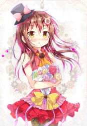 Rule 34 | 1girl, ascot, bare arms, bare shoulders, blush, brown hair, cafe-chan to break time, cafe (cafe-chan to break time), collar, commentary request, dress, flower, hair flower, hair ornament, hat, holding, long hair, looking at viewer, original, porurin (do-desho), red dress, solo, yellow eyes