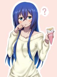 Rule 34 | 10s, 1girl, ?, astarte (strike the blood), blue eyes, blue hair, blush, breasts, collarbone, cream, cream on face, crepe, food, food on face, hair between eyes, holding, holding food, long hair, long sleeves, looking at viewer, pink background, small breasts, solo, speech bubble, standing, strike the blood, sweater, tongue, tongue out, upper body, very long hair, white sweater, yyi