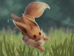 Rule 34 | :d, blurry, blurry background, brown eyes, creatures (company), eevee, falling leaves, full body, game freak, gen 1 pokemon, grass, happy, jumping, leaf, momomo12, nintendo, no humans, open mouth, pokemon, pokemon (creature), signature, smile, solo
