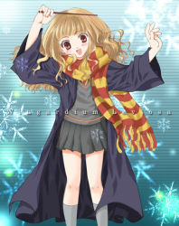 Rule 34 | 1girl, :d, arima natsubon, blue background, blunt bangs, brown eyes, curly hair, grey legwear, happy, harry potter (series), head tilt, hermione granger, light brown hair, looking at viewer, miniskirt, necktie, open mouth, pleated skirt, robe, scarf, school uniform, serafuku, skirt, smile, snow, snowflakes, solo, standing, sweater, wand, witch, wizarding world