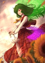 Rule 34 | :d, ascot, collared shirt, commentary request, commission, field, floating hair, flower, flower field, hair over one eye, kazami yuuka, kazami yuuka (pc-98), light rays, long hair, long sleeves, looking afar, one eye covered, open clothes, open mouth, open vest, outdoors, overcast, oyaji-sou, plaid, plaid skirt, plaid vest, planted, planted umbrella, red eyes, red skirt, red vest, shirt, signature, skeb commission, skirt, skirt set, sky, smile, sunflower, sunflower field, touhou, umbrella, vest, white shirt, wings, yellow ascot, yellow flower