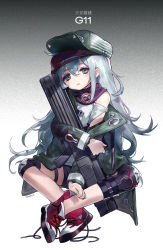 Rule 34 | 1girl, ainy, assault rifle, bad id, bad pixiv id, blouse, bullpup, caseless firearm, character name, copyright name, flat cap, full body, g11 (girls&#039; frontline), girls&#039; frontline, gradient background, green hat, gun, h&amp;k g11, hair between eyes, hat, head tilt, highres, horizontal magazine, jacket, long hair, looking at viewer, personification, prototype design, red footwear, rifle, shirt, shoes, short shorts, shorts, silver hair, sitting, sneakers, solo, untied footwear, very long hair, weapon, white shirt