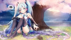 Rule 34 | 1girl, :t, absurdly long hair, aqua eyes, aqua hair, aqua necktie, arm rest, arm tattoo, bad id, bad pixiv id, bare shoulders, between legs, black skirt, black thighhighs, blue hair, branch, cherry blossoms, closed mouth, detached sleeves, glowing, gradient hair, grass, hair between eyes, hair ornament, hand on own knee, hatsune miku, hatsune miku (vocaloid4) (chinese), headphones, headset, holding, holding branch, knees up, lake, long hair, looking away, miniskirt, mountainous horizon, multicolored hair, nail polish, nature, necktie, no shoes, on ground, outdoors, petals, pleated skirt, pouch, purple hair, rain, see-through, shirt, sideways glance, sitting, skindentation, skirt, solo, spoken squiggle, squiggle, tattoo, thighhighs, toggles, tree, twintails, under tree, very long hair, vocaloid, white shirt, yuri to hizakura