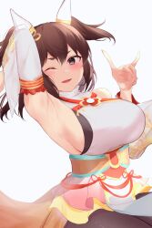 Rule 34 | 1girl, absurdres, animal ears, arm up, armpits, bare shoulders, black pantyhose, blush, breasts, brown eyes, brown hair, detached sleeves, dress, ear covers, fox shadow puppet, highres, horse ears, horse girl, inari one (fields of gold) (umamusume), inari one (umamusume), large breasts, looking at viewer, official alternate costume, pantyhose, short hair, sideboob, simple background, sleeveless, sleeveless dress, smile, solo, twintails, umamusume, white background, yomesuket