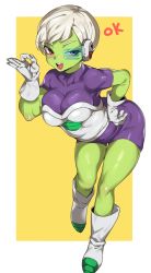 Rule 34 | 10s, 1girl, armor, blush, bodysuit, boots, border, breastplate, breasts, cheelai, collarbone, colored skin, dragon ball, dragon ball super, full body, gloves, green-tinted eyewear, green skin, highres, impossible clothes, leaning forward, medium breasts, ok sign, open mouth, pink eyes, scouter, short sleeves, silver hair, smile, solo, standing, standing on one leg, teeth, thighs, tinted eyewear, tongue, upper teeth only, urec, white border, white gloves, yellow background