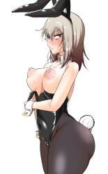 Rule 34 | 1girl, blue eyes, blush, breasts, cameltoe, cleft of venus, girls und panzer, grey hair, itsumi erika, kami ryuoo, large breasts, leotard, leotard pull, looking at viewer, nipples, pantyhose, playboy bunny, puffy nipples, rabbit ears, solo, sweat