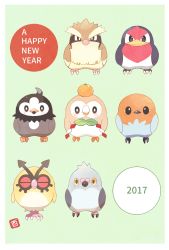 Rule 34 | 2017, alternate color, animal focus, bird, black eyes, claws, creatures (company), closed eyes, fletchling, floral background, full body, game freak, gen 1 pokemon, gen 2 pokemon, gen 3 pokemon, gen 4 pokemon, gen 5 pokemon, gen 6 pokemon, gen 7 pokemon, happy new year, highres, hoothoot, looking at viewer, mei (maysroom), new year, nintendo, no humans, pidgey, pidove, pokemon, pokemon (creature), rose background, rowlet, shiny pokemon, simple background, starly, taillow