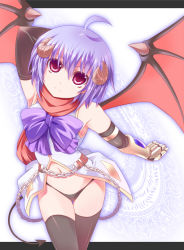 bad_id bad_pixiv_id bat_wings black_panties bottomless chibi_(nekomimimi) horns no_pants panties purple_hair red_eyes solo tail thighhighs underwear wings