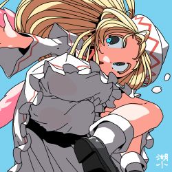 Rule 34 | 1girl, artist name, black footwear, blonde hair, bloomers, blue background, blue eyes, blue sky, blush, capelet, dress, flying, from below, huxiao (mistlakefront), lily white, long hair, long sleeves, open mouth, petals, sky, socks, solo, touhou, underwear, white dress, white headwear, white socks, wings