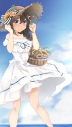 Rule 34 | 10s, 1girl, bare shoulders, basket, black hair, blue eyes, blue sky, blush, braid, closed mouth, cloud, day, dress, flower, hair ornament, hat, highres, kantai collection, long hair, looking at viewer, neko ame, ocean, outdoors, shigure (kancolle), shigure kai ni (kancolle), single braid, sky, smile, solo, standing, straw hat, sunflower, white dress