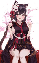 Rule 34 | 1girl, :o, absurdres, animal ear fluff, animal ears, azur lane, bad id, bad pixiv id, bell, bench, bikini, black bikini, black hair, black kimono, blush, breasts, cat ears, cat girl, ch!ll, cherry blossoms, fang, highres, japanese clothes, jingle bell, kimono, large breasts, looking at viewer, mask, mask on head, obi, open mouth, paw pose, petals, red eyes, red ribbon, ribbon, sash, short hair, sideboob, sitting, solo, swimsuit, tassel, thighhighs, white background, white thighhighs, yamashiro (azur lane)