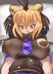 Rule 34 | 1girl, ?, animal ears, barbary lion (kemono friends), blonde hair, blush, breasts, brown hair, commentary request, covered erect nipples, fur collar, hair between eyes, heart, heart-shaped pupils, implied sex, impossible clothes, impossible shirt, kemono friends, large breasts, lets0020, lion ears, long bangs, looking down, lying, medium hair, multicolored hair, multiple girls, necktie, on back, on bed, open mouth, pillow, plaid necktie, purple necktie, shirt, short sleeves, skirt, smile, solo, symbol-shaped pupils, tail, two-tone hair, upper body