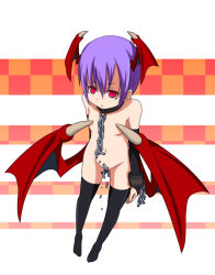 Rule 34 | bridal gauntlets, capcom, censored, chain, chibi, collar, convenient censoring, demon girl, flat chest, head wings, lilith aensland, n (ruff), nude, purple hair, red eyes, ruff (pixiv), sad, short hair, solo, thighhighs, vampire (game), wings