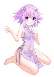 Rule 34 | 1girl, bare arms, bare legs, barefoot, binato lulu, breasts, china dress, chinese clothes, commission, dress, full body, hair between eyes, hair ornament, looking at viewer, navel, neptune (neptunia), neptune (series), purple eyes, purple hair, second-party source, see-through, see-through dress, short hair, simple background, sitting, small breasts, solo, wariza, white background