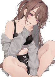 Rule 34 | 1girl, black shorts, black sports bra, breasts, brown hair, collarbone, commentary, daluto (hitomi555), feet out of frame, grey sweater, half-closed eyes, hand on own chin, head tilt, highres, knees apart feet together, lips, long hair, off shoulder, original, panties, panty peek, parted lips, pink eyes, pink panties, shorts, simple background, sitting, small breasts, solo, sports bra, sweater, sweater vest, two side up, underwear, white background