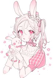 Rule 34 | 1girl, animal ears, blush, bow, bowtie, hands up, highres, holding, jikuno, looking at viewer, multicolored hair, open mouth, original, pink bow, pink hair, portrait, rabbit ears, side ponytail, simple background, solo, white background, white hair