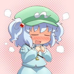 Rule 34 | 1girl, blue hair, blush, closed eyes, fidgeting, fingers together, full-face blush, hair bobbles, hair ornament, halftone, halftone background, hat, index fingers together, jinnouchi akira, kawashiro nitori, key, long sleeves, open mouth, pink background, short hair, skirt, skirt set, solo, touhou, twintails, two side up
