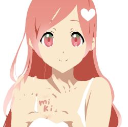 Rule 34 | 1girl, 3aya n, body writing, bodyart, character name, flat color, long hair, lowres, no lineart, parody, pink eyes, pink hair, sf-a2 miki, simple background, smile, solo, style parody, tattoo, vocaloid, white background