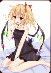 Rule 34 | 1girl, babydoll, bad anatomy, bad feet, bare arms, bare legs, bare shoulders, barefoot, blonde hair, blush, border, collarbone, fang, flandre scarlet, framed, hachimi, highres, looking at viewer, no panties, on bed, open mouth, poorly drawn, red eyes, see-through, side ponytail, simple background, sitting, solo, touhou, waking up, wariza, wings