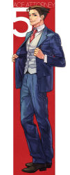 Rule 34 | 1boy, a k i, ace attorney, ahoge, belt, blue eyes, brown hair, capcom, crossed legs, dress shirt, dress shoes, formal, full body, hair slicked back, jacket tug, lapel pin, male focus, naughty face, necktie, phoenix wright, phoenix wright: ace attorney - dual destinies, shirt, simple background, smile, solo, standing, suit, vest