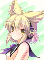 Rule 34 | 1girl, bare shoulders, blonde hair, blush, breasts, closed mouth, earmuffs, from side, looking at viewer, looking to the side, pointy hair, portrait, shirt, sleeveless, sleeveless shirt, smile, solo, takatsukasa yue, touhou, toyosatomimi no miko, yellow eyes