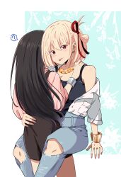 Rule 34 | 2girls, :p, ?, absurdres, bare shoulders, between legs, black hair, black tank top, blonde hair, blush, bracelet, breast pocket, chai haru, commentary request, denim, earrings, hair ribbon, hand on another&#039;s hip, hand on another&#039;s shoulder, highres, inoue takina, jeans, jewelry, long hair, long sleeves, looking at viewer, lycoris recoil, multiple girls, necklace, nishikigi chisato, off shoulder, official alternate costume, pants, pink shirt, pocket, red eyes, red ribbon, ribbon, shirt, smile, spoken question mark, tank top, tongue, tongue out, torn clothes, torn jeans, torn pants, white shirt, yuri