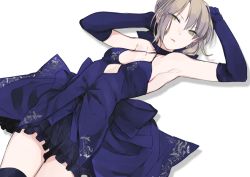 Rule 34 | 1girl, argyle, argyle clothes, argyle cutout, armpits, artoria pendragon (all), artoria pendragon (fate), bare shoulders, blonde hair, blue dress, blue gloves, breasts, choker, clothing cutout, cowboy shot, dress, eyebrows, eyes visible through hair, fate/grand order, fate (series), frills, gloves, hair between eyes, hair ribbon, halterneck, hands up, hita (hitapita), lying, on back, parted lips, ribbon, saber (fate), saber alter, simple background, sleeveless, sleeveless dress, small breasts, solo, thighhighs, yellow eyes