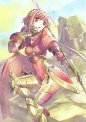 Rule 34 | 1girl, alternate costume, armor, armored boots, boots, fire emblem, fire emblem cipher, fire emblem fates, gloves, hairband, lance, nintendo, official art, open mouth, pink eyes, pink hair, polearm, rock, sakura (fire emblem), shield, shikidouji, sitting, solo, weapon