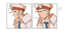 Rule 34 | ..., 1boy, ?, anger vein, angry, blue necktie, closed mouth, coat, collared shirt, creatures (company), emmet (pokemon), expression chart, expressions, frown, game freak, grey eyes, grey hair, hat, highres, looking at viewer, male focus, necktie, nintendo, norue, overcoat, peaked cap, pokemon, pokemon bw, shirt, short hair, sideburns, simple background, smile, spoken ellipsis, upper body, white background, white coat, white shirt