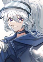 Rule 34 | 1girl, animal ears, arknights, blue jacket, choker, commentary request, gawako, grani (arknights), grey hair, hair between eyes, highres, horse ears, infection monitor (arknights), jacket, long hair, looking at viewer, parted lips, ponytail, purple eyes, simple background, smile, solo, upper body, visor cap, white background