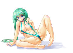Rule 34 | 1girl, :o, arm support, barefoot, blue eyes, blush, breasts, female focus, frog hair ornament, full body, green hair, hair ornament, hair tubes, kiyama satoshi, kochiya sanae, large breasts, long hair, looking at viewer, simple background, slingshot swimsuit, snake hair ornament, solo, spread legs, swimsuit, touhou, twintails, white background