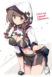 Rule 34 | 1girl, black gloves, black skirt, blush, braid, breasts, brown eyes, brown hair, cleavage, closed mouth, cropped jacket, cropped legs, dated, gloves, hood, hooded jacket, jacket, kantai collection, large breasts, long hair, navel, odawara hakone, one-hour drawing challenge, race queen, shinshuu maru (kancolle), short sleeves, skirt, solo, twin braids, twitter username, umbrella, white jacket