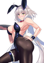Rule 34 | 1girl, animal ears, black leotard, blush, breasts, covered navel, detached collar, fake animal ears, fate/grand order, fate (series), grey hair, highleg, highleg leotard, highres, jeanne d&#039;arc alter (avenger) (fate), jeanne d&#039;arc alter (fate), large breasts, leotard, long hair, looking at viewer, nenchi, pantyhose, playboy bunny, rabbit ears, rabbit tail, smile, solo, tail, tray, very long hair, wrist cuffs, yellow eyes